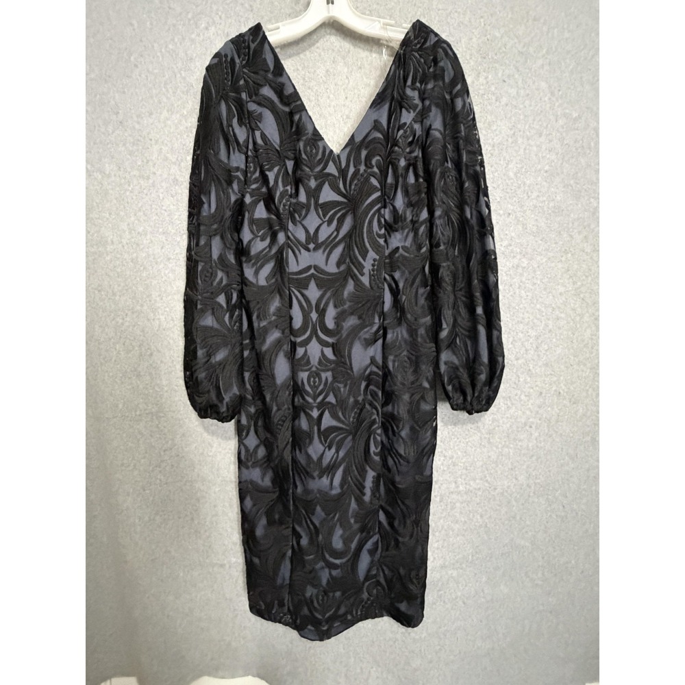 JS Collections Dress Womens 10 Black Lace Embroidered Balloon Sleeve Midi V Neck